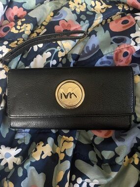Michael Kors Black Leather Wristlet with Gold MK Medallion